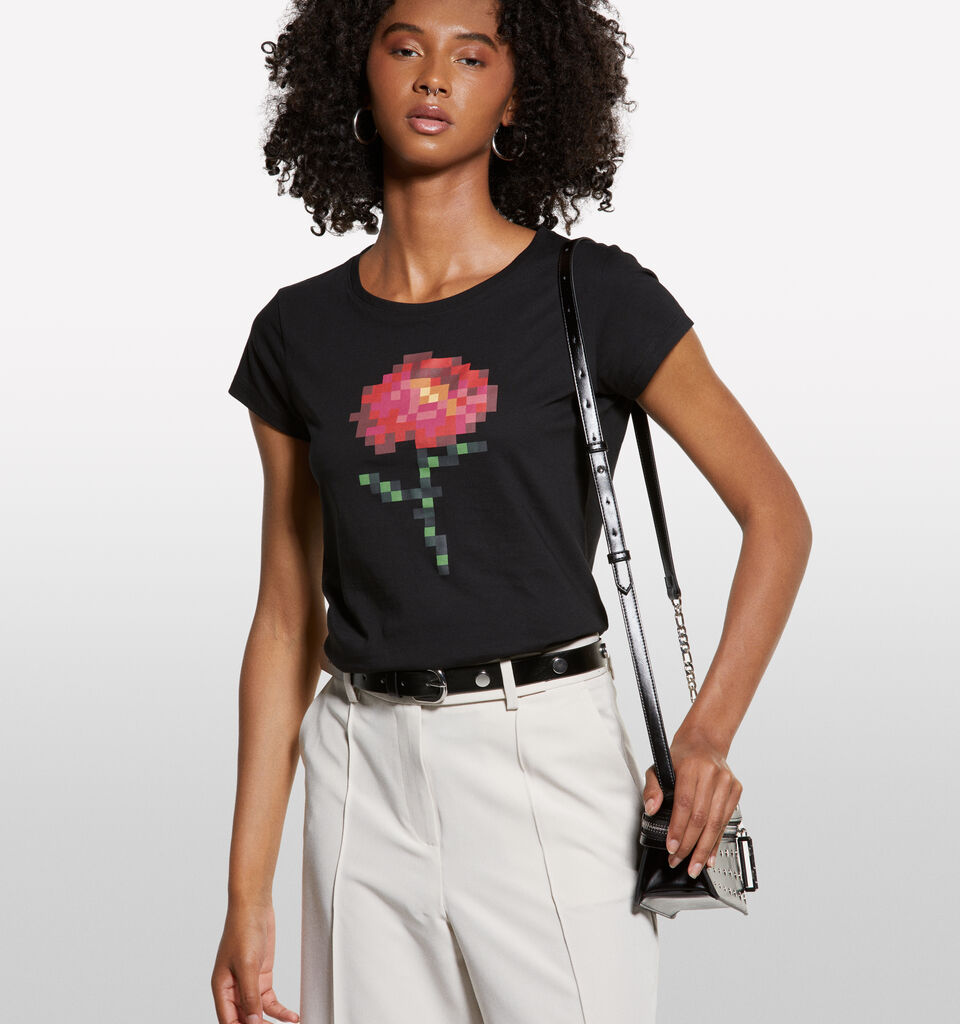 Black t-shirt with flower print - women's short sleeve t-shirts - Black | Sisley image number 3